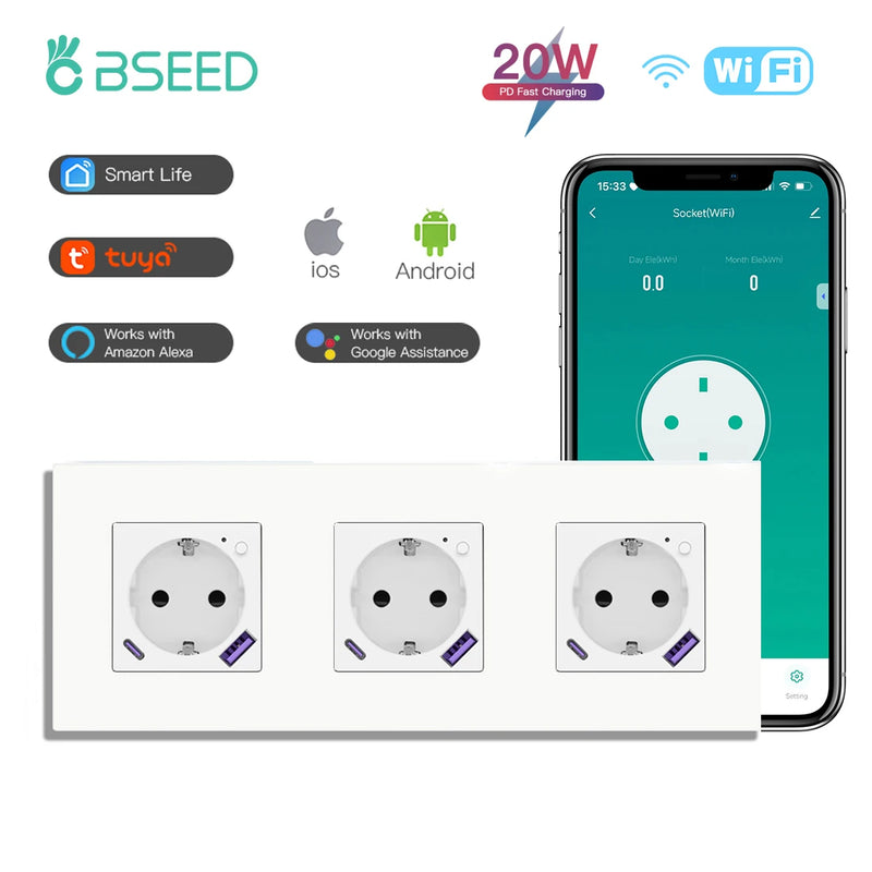 BSEED WIFI Smart Socket With 20W Fast Charge Port Plastic Frame Smart Wall Socket USB Type-C Port Tuya Smart Life Control