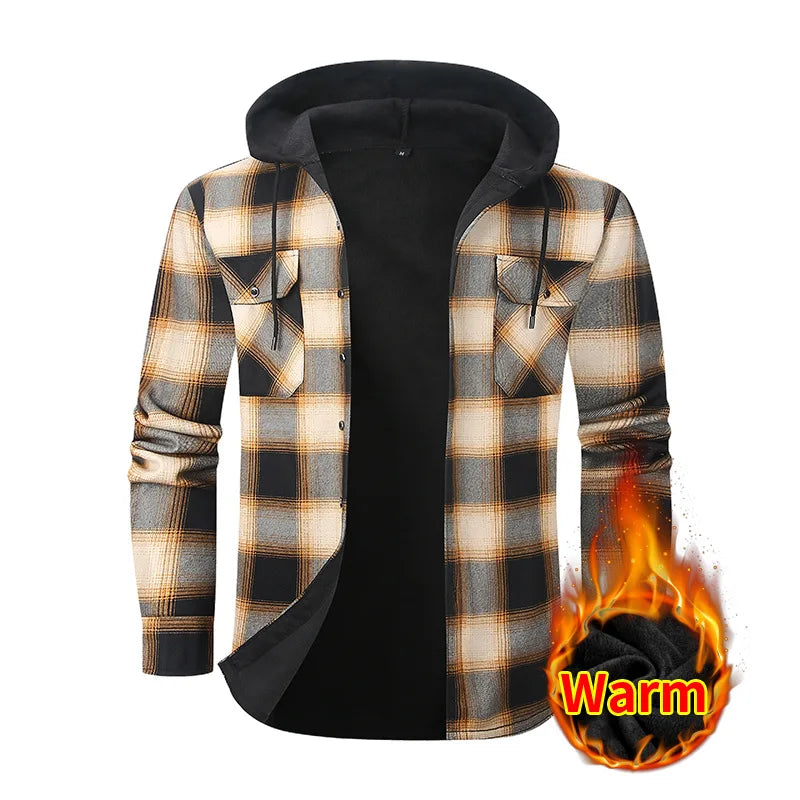 New Winter Men's Long-Sleeve Hooded Fleece Shirt—a Stylish, Casual, and Warm Plaid Shirts.