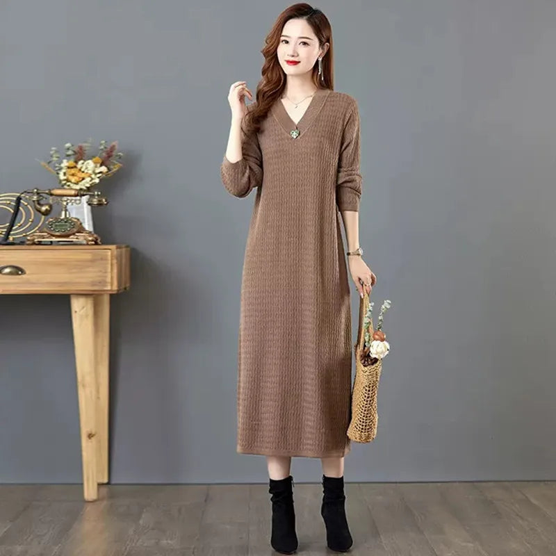 Vintage V Neck Long-Sleeve Pullover Dress New Knitting Woolen Sweater Women Long Jumper Middle Aged Mother Knitwear Clothes