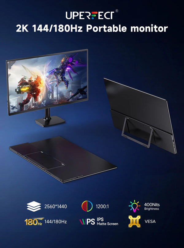 ម៉ូនីទ័រចល័ត UPERFECT ទំហំ 23.8 អ៊ីញ 180Hz 2K អេក្រង់លេងហ្គេម ជាមួយអេក្រង់ VESA IPS HDMI ប្រភេទ C សម្រាប់កុំព្យូទ័រ PS4 PS5 Switch Xbox Steam Decks