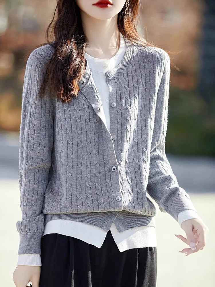Korean Fake Two Pieces Sweater For Woman Knit Spring Autumn Cardigan Coat Woolen Knitwear Tops Female Cardigans Women Jacket