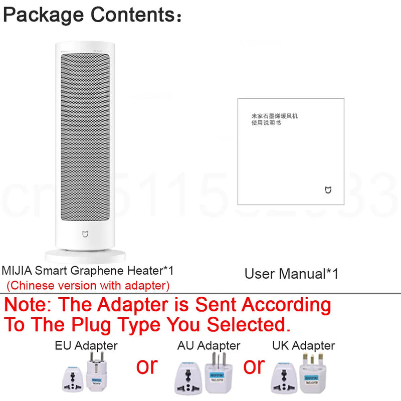 កង្ហារកម្តៅ Graphene MIJIA, លំយោលមុំធំទូលាយ 70°, ឧបករណ៍កម្តៅសេរ៉ាមិច PTC, ឧបករណ៍កំណត់ពេលវេលាឆ្លាតវៃ, កំណែ CN 220V ជាមួយអាដាប់ទ័រ