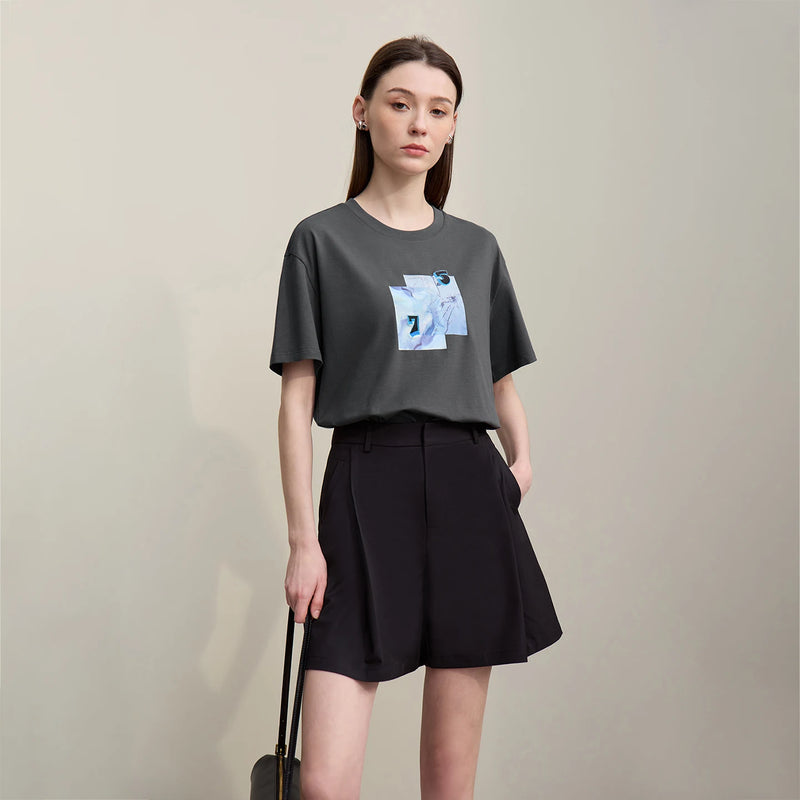 Amii Women's Tee Shirt 2026 Summer New Round Neck Drop Shoulder Short Sleeve Cotton Tee Embroidered Loose Top Women 12642114