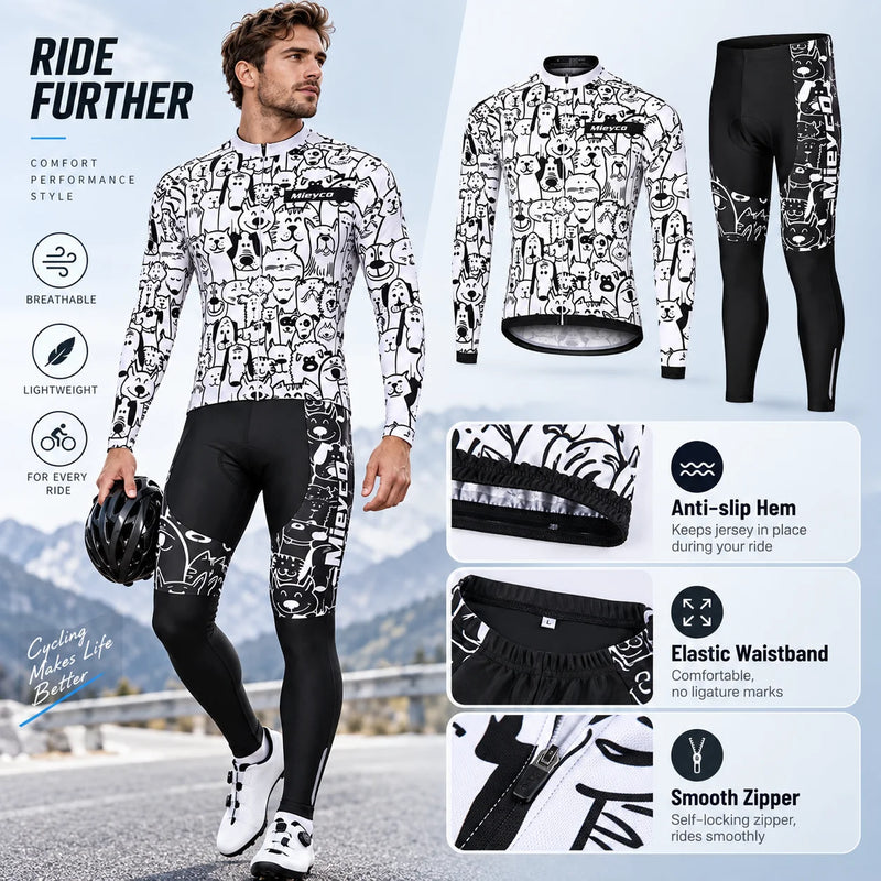 Men's Long Sleeve Cycling Jersey Set Moisture Wicking Breathable Road Bike Shirt Pants MTB Racing Bicycle Sportswear