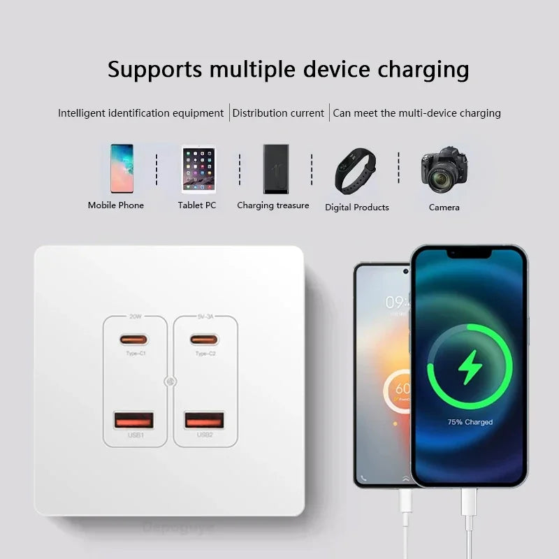White Universal Smart Wall USB C Socket,20W Fast Charge Type-c 4port USB Plug Adapter Outlet,220V PC Electrical Power Socket