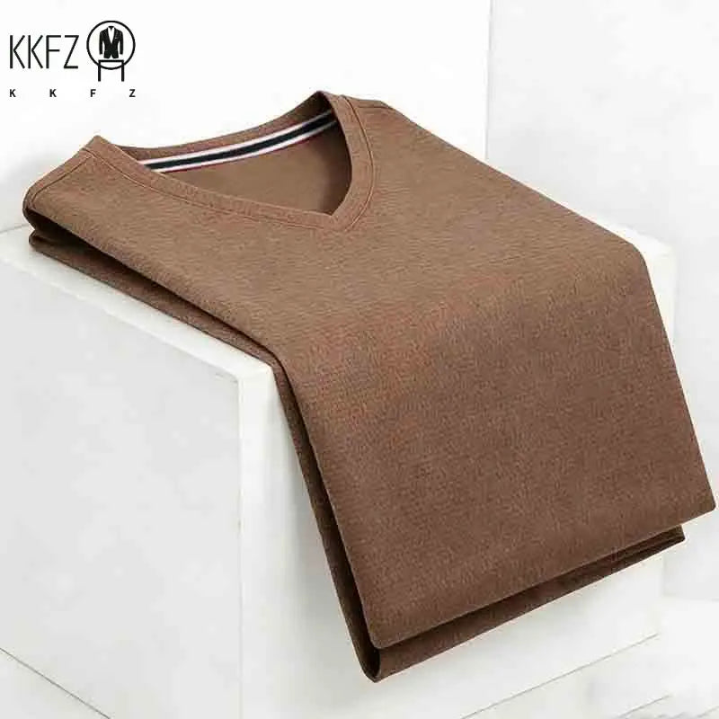Men's Plus Size Camel V-neck Long Sleeve Shirt Loose Fit Comfortable Casual Top for Big & Tall