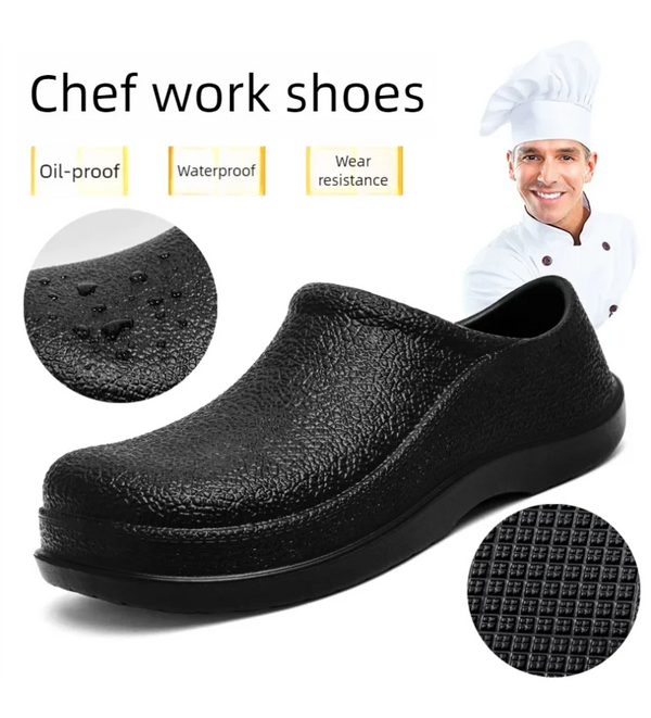 Chef work shoes four seasonal men's anti slip waterproof oil resistant soft soled chef shoes casual lightweight leather shoes