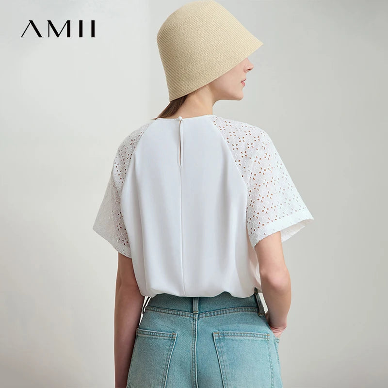 Amii Women's Tops 2026 Summer Chiffon Blouse Loose Raglan Sleeves O-Neck Hollow Texture Block Patchwork Female T-Shirts 12542031