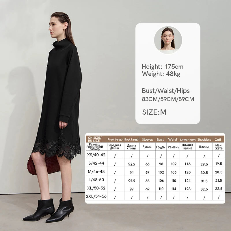 រ៉ូប Amii Womens រដូវរងាឆ្នាំ ២០២៥ រ៉ូបថ្មី Minimalist Solid Turtleneck រលុងសម្រាប់នារីៗ សម្លៀកបំពាក់ចរ Patchwork Lace 12543136