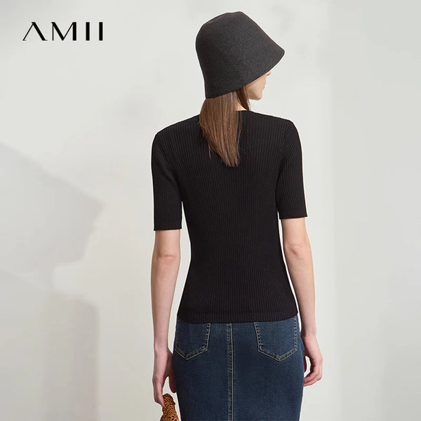 អាវយឺត AMII Minimalism Office Lady ឆ្នាំ ២០២៦ រដូវក្តៅសម្រាប់ស្ត្រី អាវយឺតដៃខ្លី O-Neck ម៉ូតស្តើង អាវយឺតប៉ាក់ទាន់សម័យ 12552057
