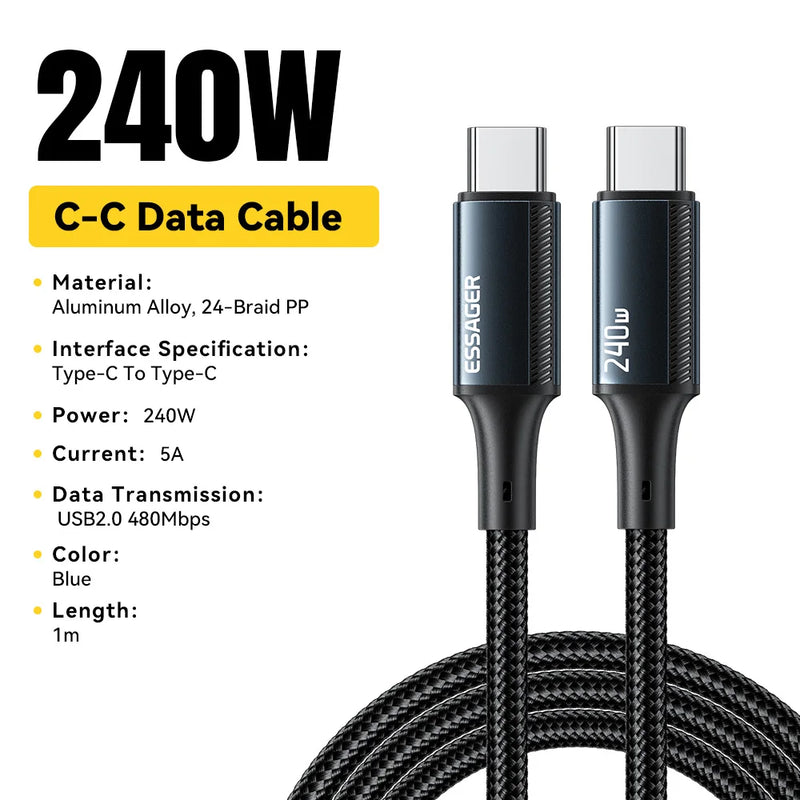 ខ្សែសាក Essager 240W USB Type C សម្រាប់ iPhone 15 Pro Max PD3.1 ខ្សែសាកប្រភេទ C លឿន 5A សម្រាប់កុំព្យូទ័រយួរដៃ Xiaomi Macbook Pro iPad