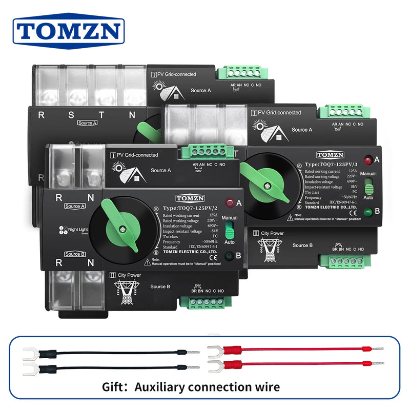 TOMZN Din Rail 3 Phase for PV 2P 3P 4P 63A 100A 125A 230V Dual Power Automatic Transfer Electrical Selector Switch Uninterrupted