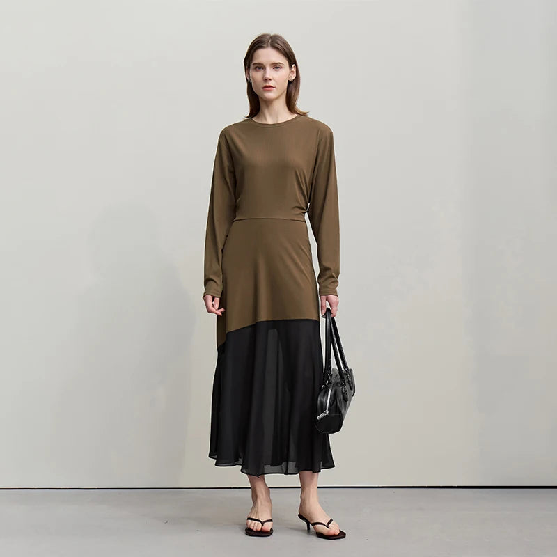 រ៉ូប Amii Womens រដូវស្លឹកឈើជ្រុះឆ្នាំ ២០២៦ រ៉ូបថ្មីឆើតឆាយ លំនាំប៉ាក់ អាវក្រណាត់ Chiffon រាងអក្សរ H រលុង សំពត់វែងធម្មតាសម្រាប់នារី 12621063