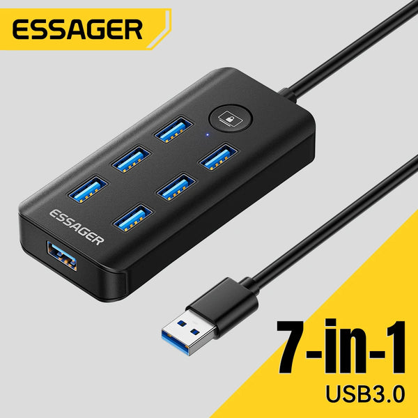ឧបករណ៍ភ្ជាប់ថាមពល Essager 7-in-1 USB 3.0 Hub Multi USB Splitter Adapter 5Gbps High Speed USB Splitter OTG Adapter សម្រាប់កុំព្យូទ័រ Laptop Macbook Pro