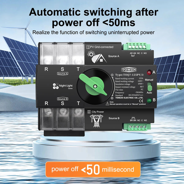 TOMZN Din Rail 3 Phase for PV 2P 3P 4P 63A 100A 125A 230V Dual Power Automatic Transfer Electrical Selector Switch Uninterrupted