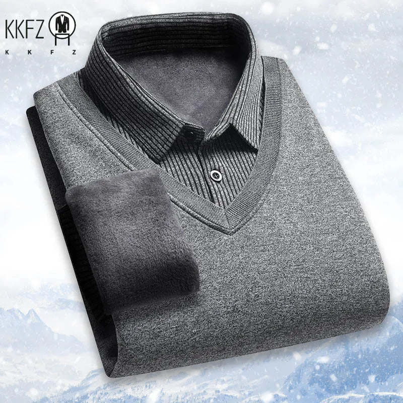 Mens Long Sleeve Collared Pullover Fake Vest Knit Design Full Fleece Lined Vertical Stripe Thermal Cold Weather Business Attire