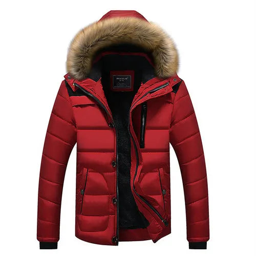 Men's Winter Black Hooded Parkas Jacket, Fake Fur Collar Thick Coats, Fashion Warm Outerwear Male Overcoat Blue Red Jaqueta