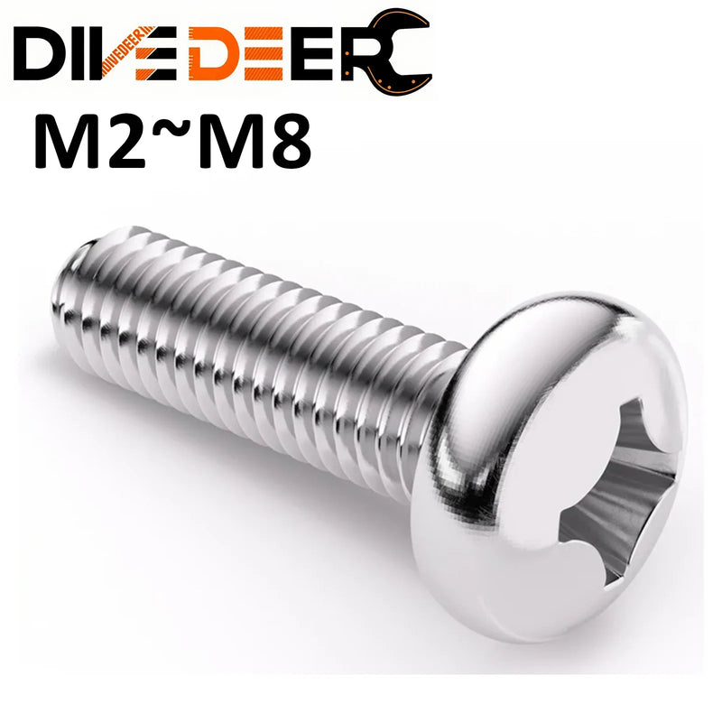 M2 M2.5 M3 M3.5 M4 M5 M6 M8 Long Cross Phillips Pan Round Head Screw Bolt A2-70 304 Stainless Steel GB818 length=3-100mm