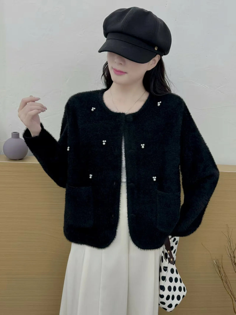 Korean Fashion Knitted Cardigan Jacket Women's Autumn Winter Top New Temperament Crew Neck Sweater Single Breasted Coat Female