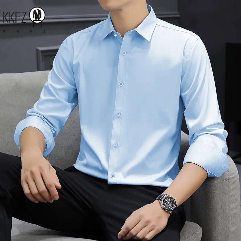 Men's Business Casual Long Sleeve Shirt Solid Color Wrinkle Resistant Comfortable All-Season Versatile Solid Color Top
