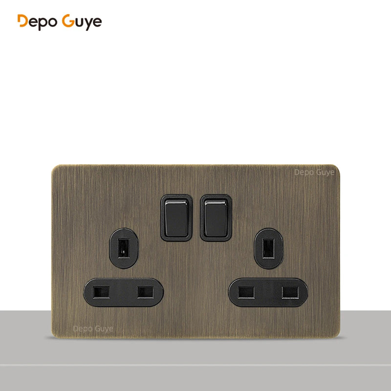146 Type Retro Metal Panel UK 13A Wall Socket,Bronzed Stainless Steel Power Universal 3-pin Dual Power Socket With USB C charge