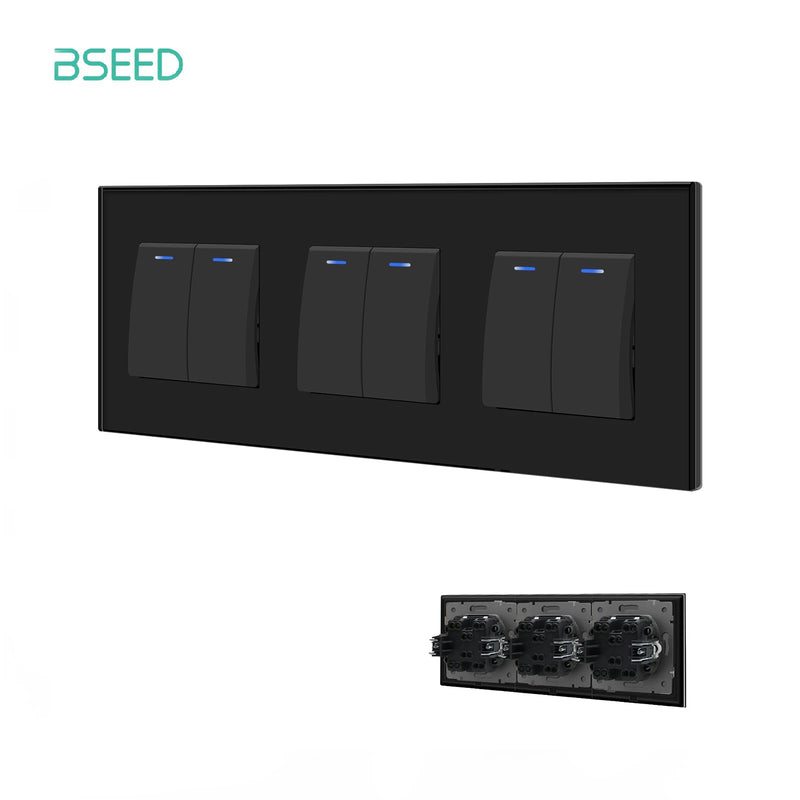 BSEED EU Standard Wall Light Switch 1/2Gang 1Way Toggle Switch Glass Panel Black Color Wall Switch On Off 10A 250V