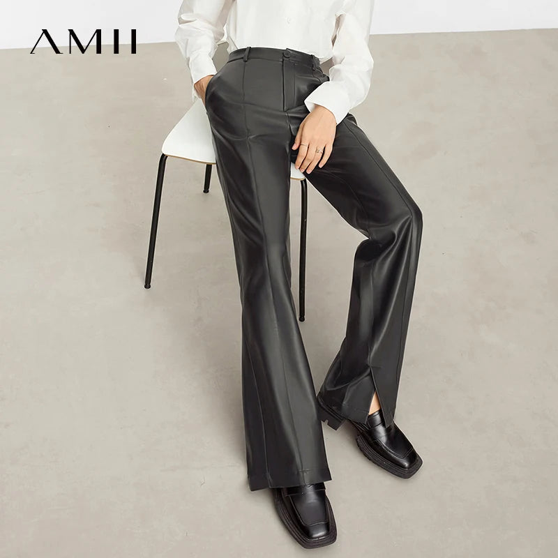 ខោ AMII ស្បែក PU សាមញ្ញសម្រាប់ស្ត្រី រដូវស្លឹកឈើជ្រុះឆ្នាំ ២០២៦ ខោរលុងប្រវែងជាន់ត្រង់សម្រាប់ស្ត្រី 12343250