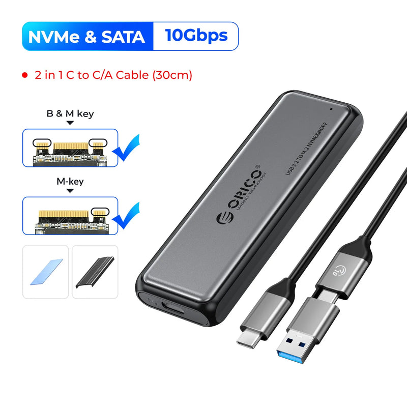ORICO NVMe SATA Aluminum M.2 SSD Enclosure 10Gbps Tool Free M2 SSD Enclosure Solid State Drive Case Laptop Computer Accessories