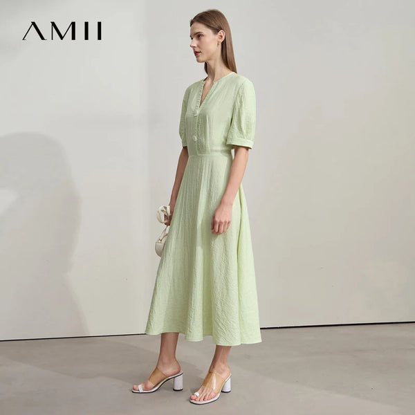 រ៉ូប AMII Minimalist ឆ្នាំ ២០២៥ រដូវក្តៅ មុខរបរ ការិយាល័យ ស្ត្រី ទីក្រុង ចង្កេះអក្សរសាស្ត្រ ស្ត្រី ក V Alien Buckle Linen Midi Dress 12522091