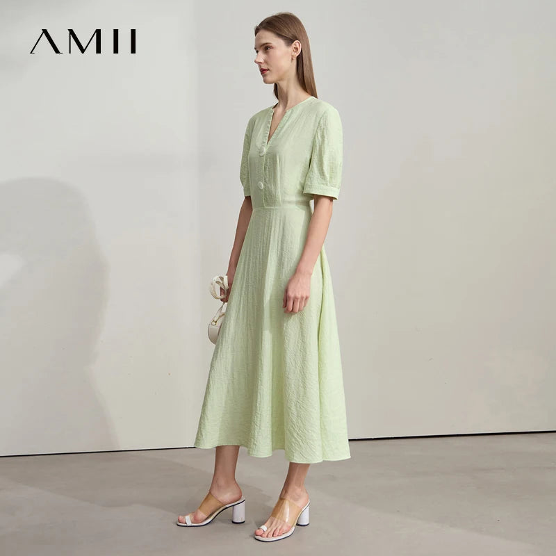 រ៉ូប AMII Minimalist ឆ្នាំ ២០២៥ រដូវក្តៅ មុខរបរ ការិយាល័យ ស្ត្រី ទីក្រុង ចង្កេះអក្សរសាស្ត្រ ស្ត្រី ក V Alien Buckle Linen Midi Dress 12522091