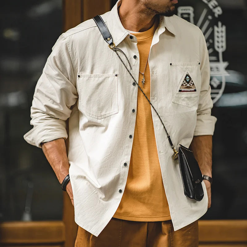 Maden Men Tooling 100% Cotton Indian Totem Shirt Japan Retro Sleeve Patchwork Pocket Turn-down Collar Single-breasted Clothing