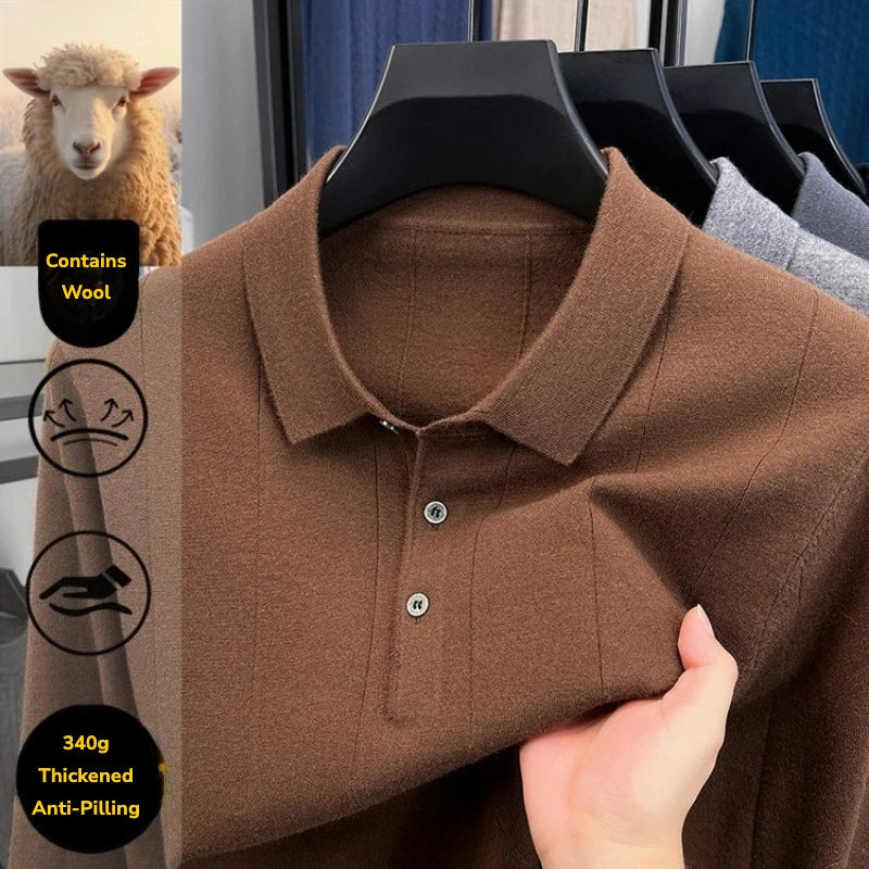 Men's Polo Collar Wool Blend Sweater 340g Thick Anti-Pilling Long Sleeve Knitwear for Spring Autumn