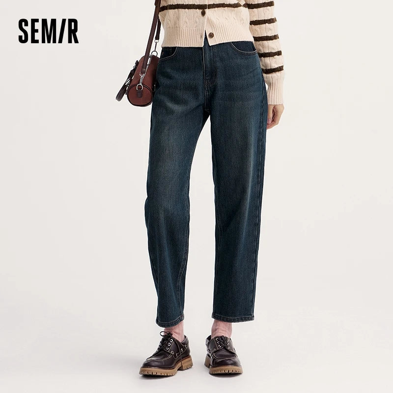 Semir Women Jeans Fleece Lined Elastic Waist Tapered Loose Fit Hip Covering 2026 Streetwear Vintage Denim Pants