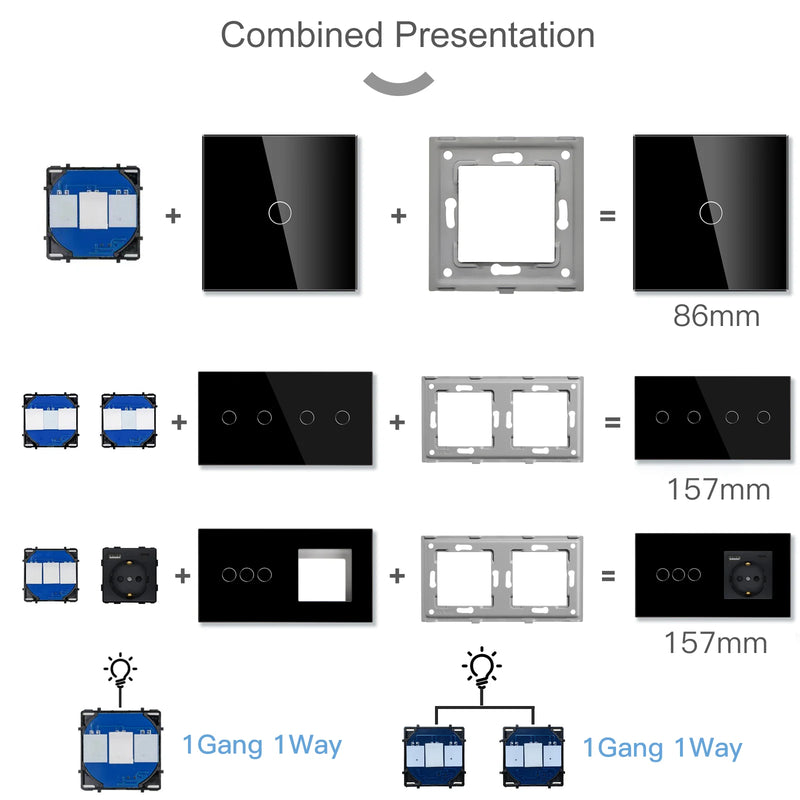 BSEED Wall Light Touch Switch 1/2/3Gang 1/2Way LED Dimmer Function Parts Glass Panels Frame EU 16A Power Sockets DIY Parts Only
