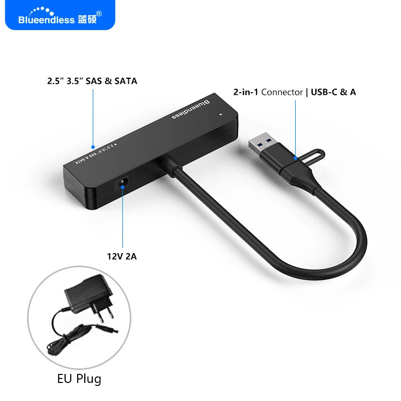 ឧបករណ៍ភ្ជាប់ដ្រាយវ៍រឹង Blueendless USB3.0 ទៅ SAS/SATA 2.5 3.5 HDD Converter 5Gbps Type-A/C 2-in-1 គាំទ្រអតិបរមា 28TB ជាមួយថាមពល 12V/2A