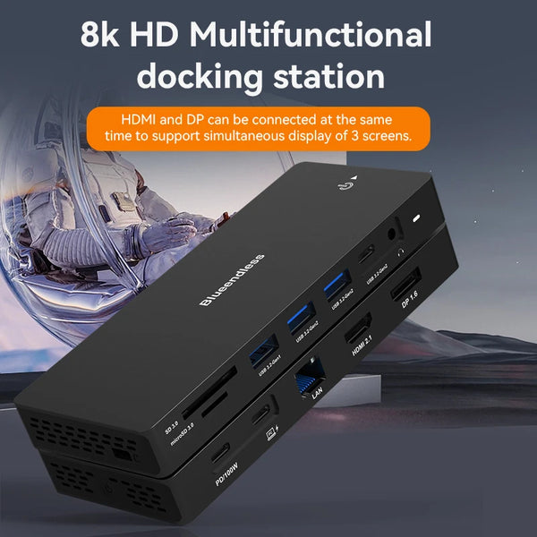 ស្ថានីយ៍ចត Blueendless 8K Dual HDMI DP USB C HUB USB 3.2 GEN 2 SD/TF 100W PDRJ45 Ethernet 3.5mm Audio Adapter សម្រាប់ MacBook