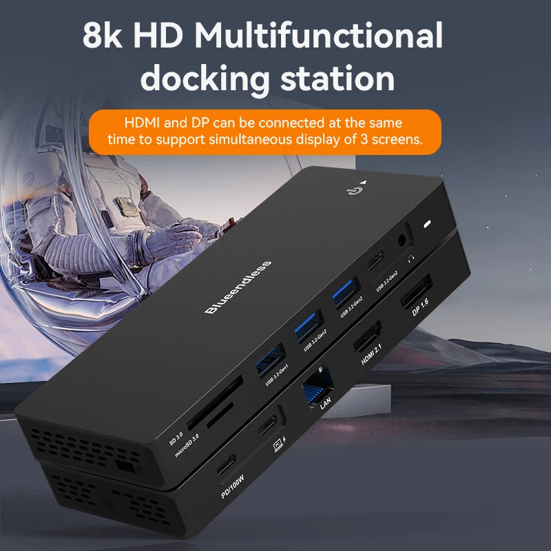 ស្ថានីយ៍ចត Blueendless 8K Dual HDMI DP USB C HUB USB 3.2 GEN 2 SD/TF 100W PDRJ45 Ethernet 3.5mm Audio Adapter សម្រាប់ MacBook