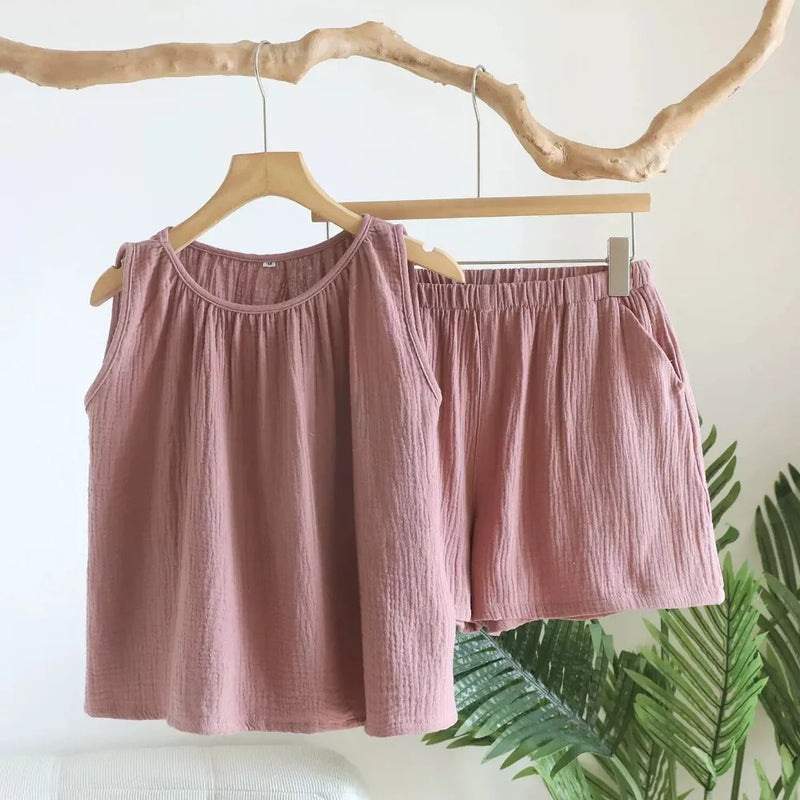 Summer Pajamas Two-Piece Women's Set Soft Home Wear New Solid Color Sleeveless O-Neck Home Suit Shorts Loungewear Pyjama Femme