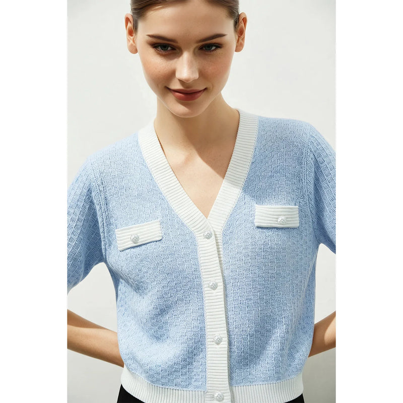 Amii V-Neck Women’s Cardigan 2026 Summer New Elegant Short Sleeve Breathable Knitted Top Casual Cropped Cardigans Lady 12642191