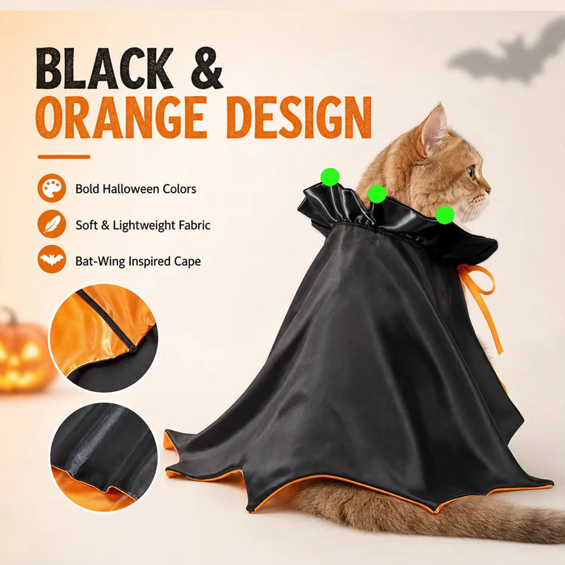 Halloween Vampire Cape for Cats & Small Dogs, Black Orange Bat Wing Pet Costume with Glowing Beads, Adjustable Elastic Straps