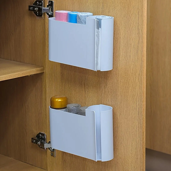 1pc Wall-Mounted Dual-Compartment Trash Bag Organizer - Plastic Kitchen Cabinet Door Storage Box,Space-Saving Design.