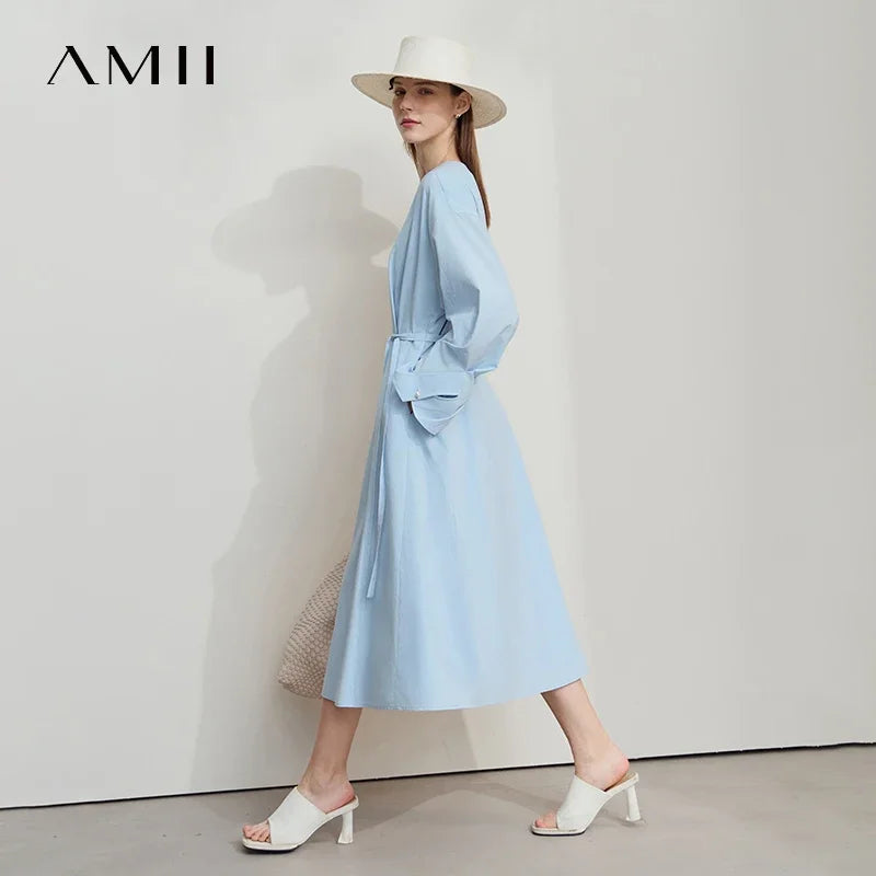 Amii Minimalist Women's V-Neck Dress 2026 Autumn New Bud Sleeve with Belt Solid Color Casual Elegant A-shaped Dress 12541108