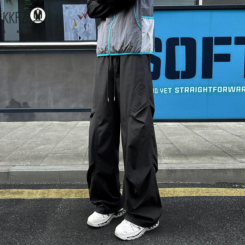 Men Baggy Wide Leg Cargo Pants Elastic Drawstring Waist Pleated Side Pockets For Street Fashion Daily Casual Commute Wear