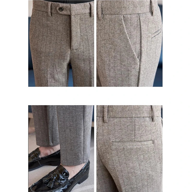 2026 Men's Black Herringbone Pants, Winter Fashion Slim Trousers, Gray, Brown, Coffee, Apricot, Green To Choose From,Asian Size