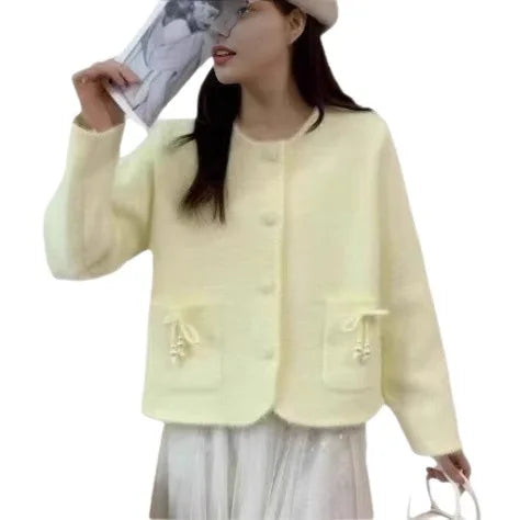 Sweet Bow Pocket Coat Women's Autumn and Winter New Imitation Mink Velvet Knitted Cardigan Jacket Short Sweater Top Cropped