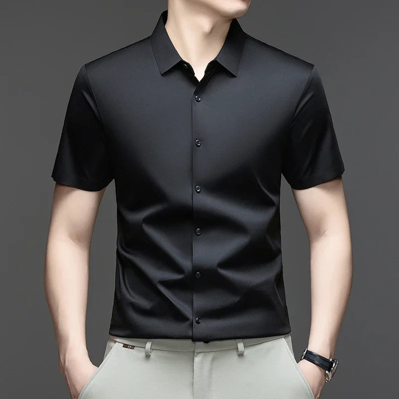 Mens Casual Short Sleeve Button Down Shirt Ice Silk Lightweight Breathable Wrinkle Resistant Summer Top