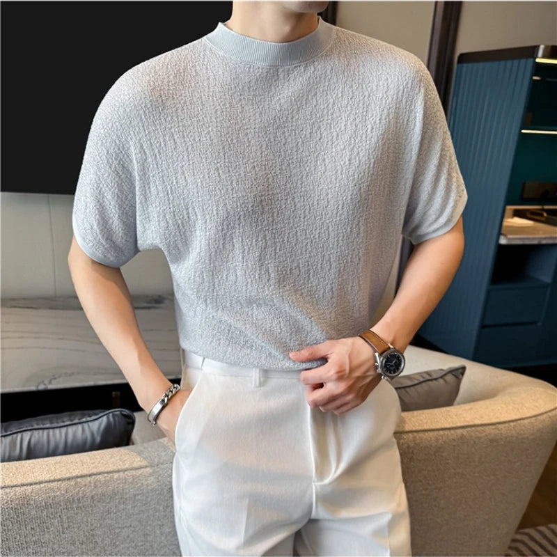Men's Summer Short Sleeve T-Shirt Knitted Crew Neck Loose Fit Drop Shoulder Ice Silk Cooling Base Layer Top