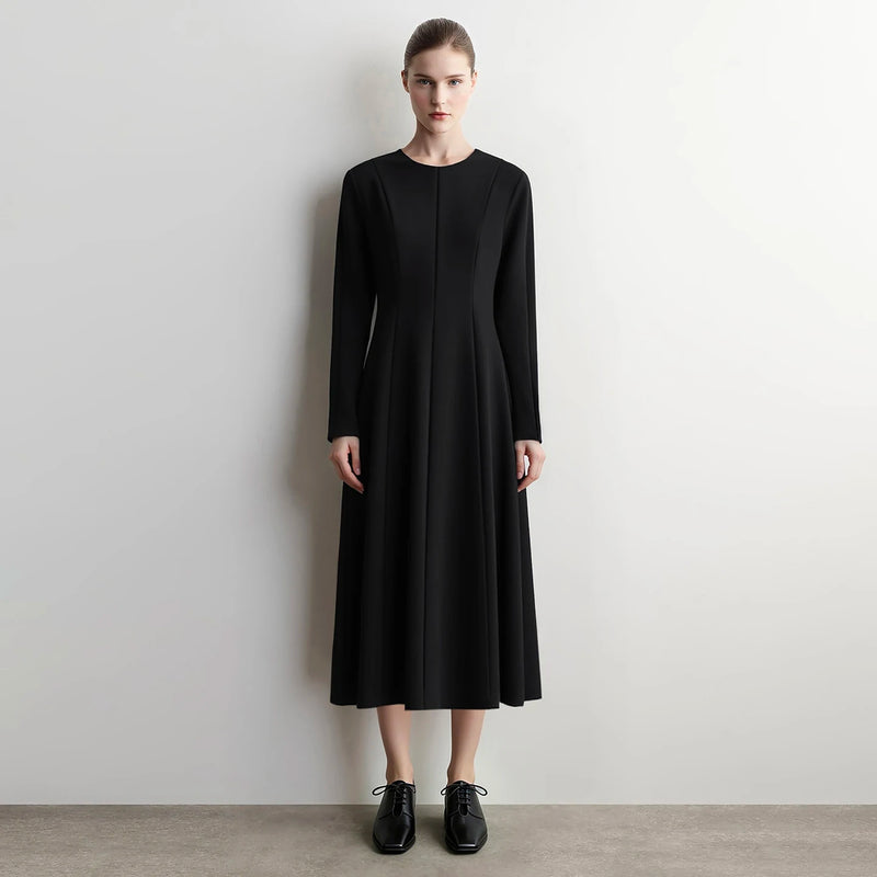 Amii Slim Dress Woman 2026 Autumn New O-Neck Stretch Long Sleeve Midi Dress Elegant Waist Cinched Casual Woman Clothes 12623013