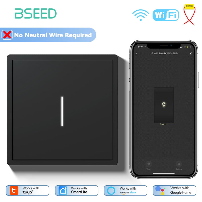 BSEED WIFI Button Light Switch 1/2/3/4Gang Smart Switch Plastic Frame Tuya Smart Life Alexa Voice Control Without Neutral Line
