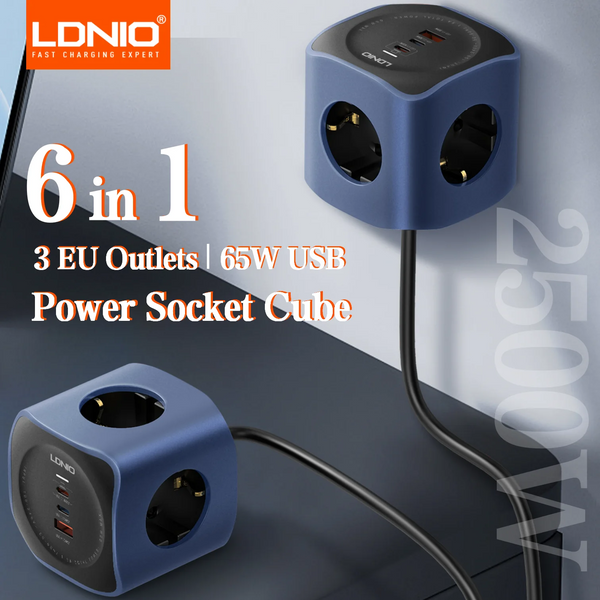 បន្ទះ ភ្លើង LDNIO 6-in-1 ការពារ ការ ឆ្លង ចរន្ត អគ្គិសនី EU មាន រន្ធ ដោត AC ចំនួន 3 65W មាន USB C USB A ចំនួន 2 រន្ធ សាក ថ្ម លឿន ខ្សែ បន្ថែម ប្រវែង 2 ម៉ែត្រ សម្រាប់ សាក ថ្ម លើ កុំព្យូទ័រ